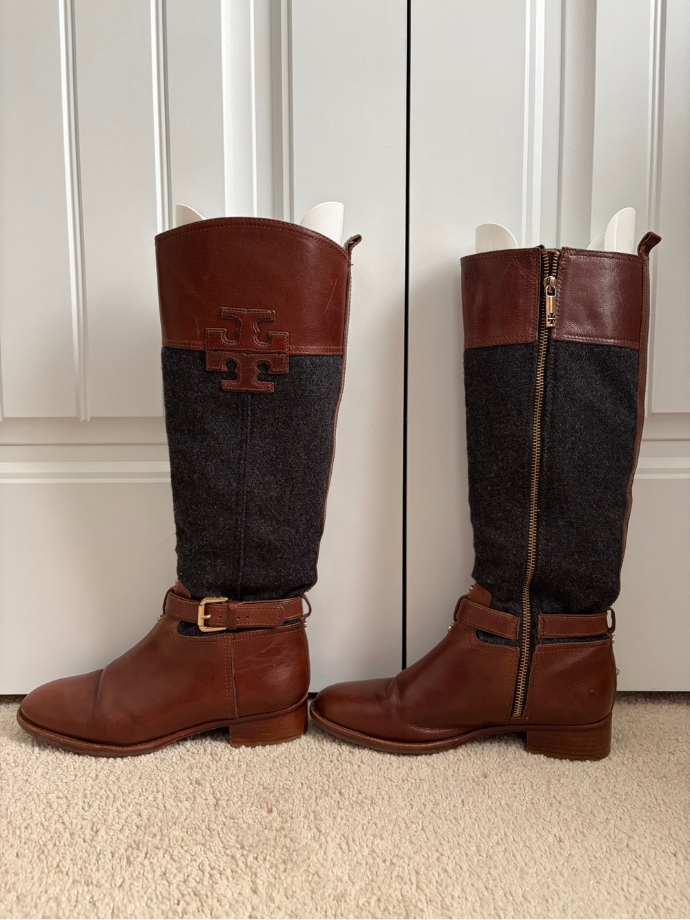 Tory Burch Blaire Low Heel Tall Riding Boots Brown Leather Gray Women's Size 8 M